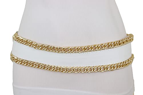 Women White Wide Fashion Belt - Elastic Waistband Gold Metal Chain Links Size S, Silver, One Size