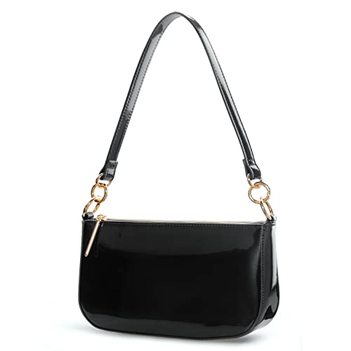 HOXIS Glossy Faux Patent Leather Women Shoulder Bag Shiny Clutch Crossbody Bag 90s Purse (Black)