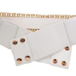 Women White Wide Fashion Belt - Elastic Waistband Gold Metal Chain Links Size S, Silver, One Size