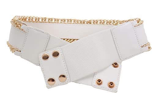 Women White Wide Fashion Belt - Elastic Waistband Gold Metal Chain Links Size S, Silver, One Size