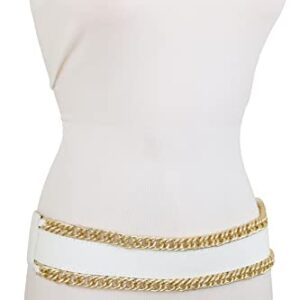 Women White Wide Fashion Belt - Elastic Waistband Gold Metal Chain Links Size S, Silver, One Size