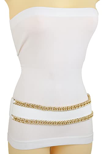 Women White Wide Fashion Belt - Elastic Waistband Gold Metal Chain Links Size S, Silver, One Size