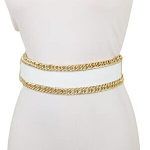 Women White Wide Fashion Belt - Elastic Waistband Gold Metal Chain Links Size S, Silver, One Size