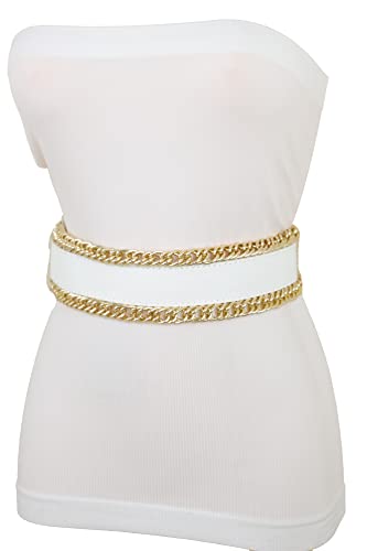 Women White Wide Fashion Belt - Elastic Waistband Gold Metal Chain Links Size S, Silver, One Size