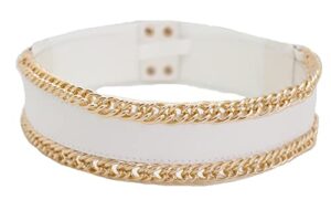 women white wide fashion belt - elastic waistband gold metal chain links size s, silver, one size