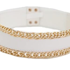 Women White Wide Fashion Belt - Elastic Waistband Gold Metal Chain Links Size S, Silver, One Size