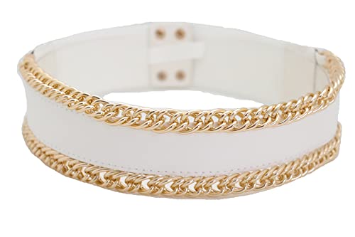 Women White Wide Fashion Belt - Elastic Waistband Gold Metal Chain Links Size S, Silver, One Size