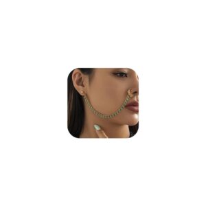 Denifery Bead Nose Rings Hoop Chain Fake Septum Ring Non Piercing Nose Rings with Chain Nose to Ear Chain Nose Ring Body Jewelry for Women (Green)