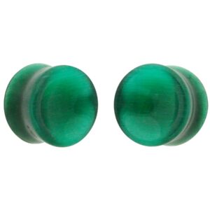 Mystic Metals Body Jewelry Pair of Emerald Green Cat Eye Stone Double Flare Concave Plugs (STN-671) (00g (10mm))