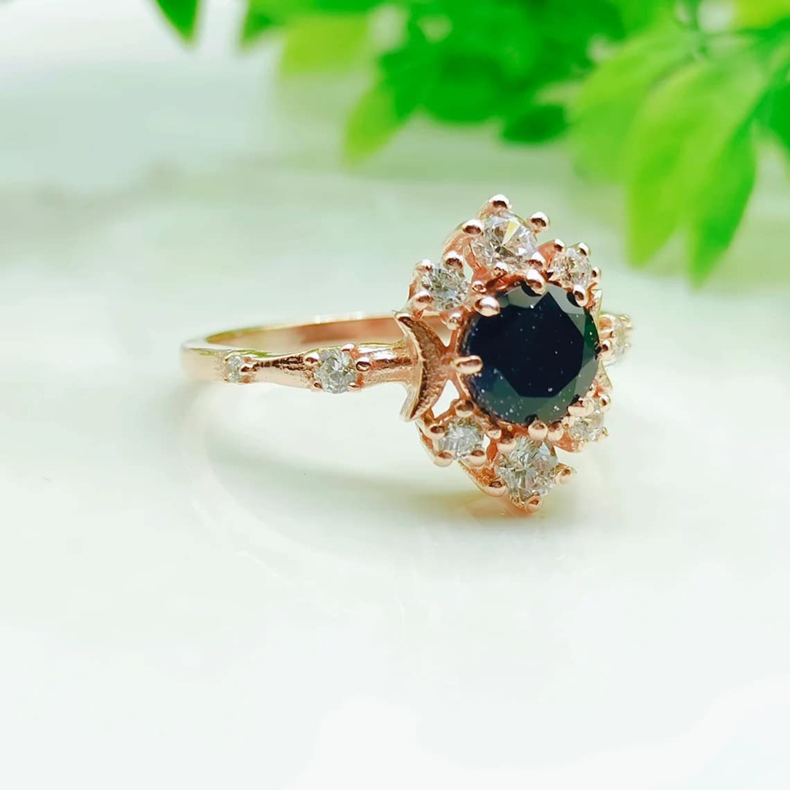 Blue Sandstone Vintage Ring Round Cut Ring Galaxy Ring Outer Space Ring Nebula Ring Bridal Wedding/Engagement Ring Rose Gold Plated Promise Ring Beautiful Handmade Gift Ring BY FOREVER GEMS & JEWELS