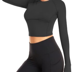 LURANEE Crop Tops for Women,Workout Training Top Raglan Long Sleeve Crew Neck Seamless Moisture Wicking Tight Fitting Yoga Shirts Summer Fitness Apparel Black XS