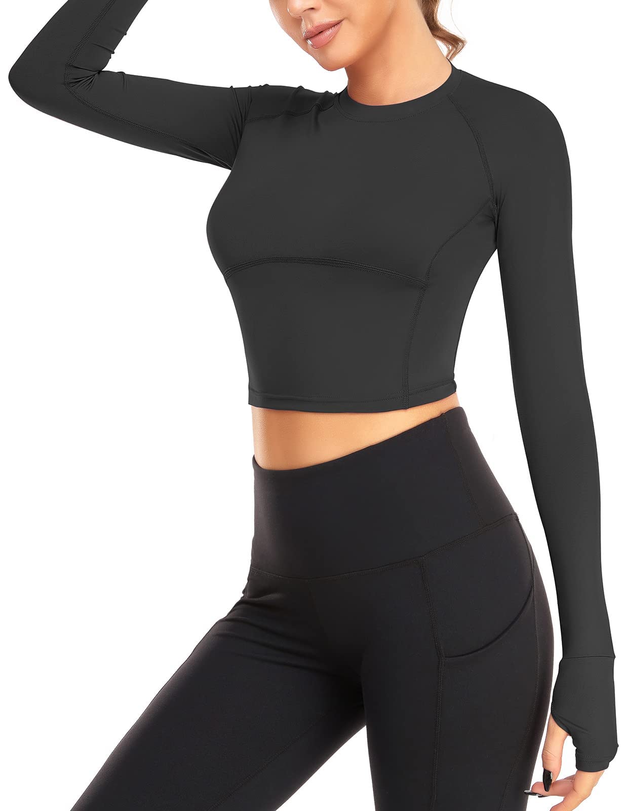 LURANEE Crop Tops for Women,Workout Training Top Raglan Long Sleeve Crew Neck Seamless Moisture Wicking Tight Fitting Yoga Shirts Summer Fitness Apparel Black XS