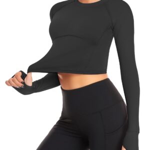 LURANEE Crop Tops for Women,Workout Training Top Raglan Long Sleeve Crew Neck Seamless Moisture Wicking Tight Fitting Yoga Shirts Summer Fitness Apparel Black XS