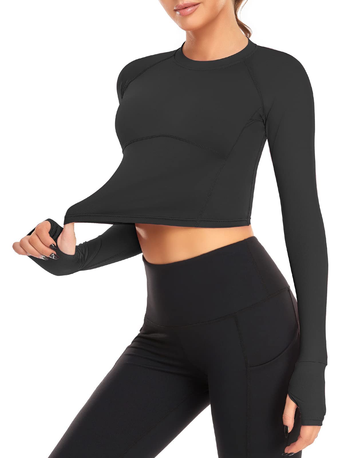 LURANEE Crop Tops for Women,Workout Training Top Raglan Long Sleeve Crew Neck Seamless Moisture Wicking Tight Fitting Yoga Shirts Summer Fitness Apparel Black XS