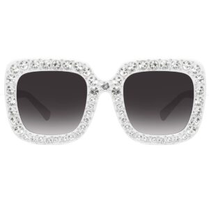 MEETSUN Elton Square Rhinestone Sunglasses Oversized Diamond Bling Bling Glasses(White)