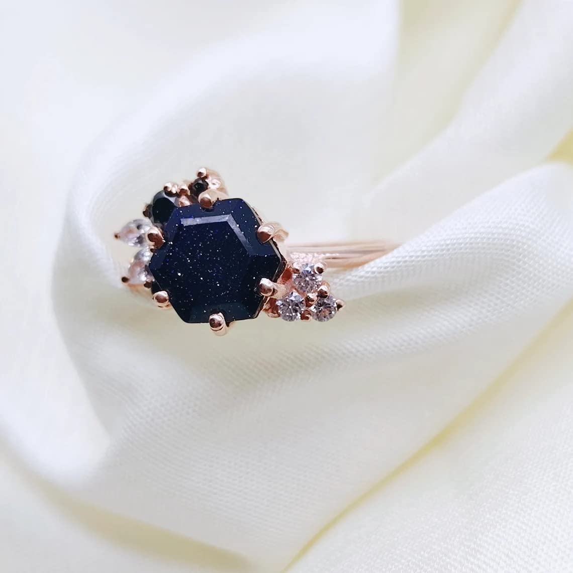 Rings For Women Hexagon Blue Sandstone Ring Unique Blue Sandstone 14K Rose Gold Cluster Marquise Moissanite Diamond Ring Beautiful Gift Wedding Ring BY FOREVER GEMS & JEWELS