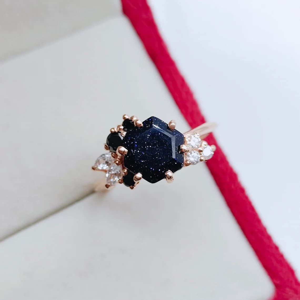 Rings For Women Hexagon Blue Sandstone Ring Unique Blue Sandstone 14K Rose Gold Cluster Marquise Moissanite Diamond Ring Beautiful Gift Wedding Ring BY FOREVER GEMS & JEWELS