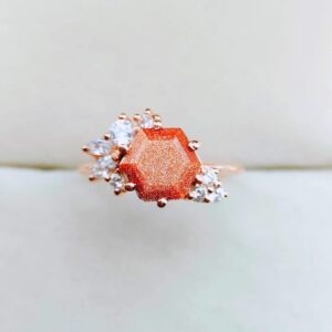 Hexagon Cut Unique Sandstone Ring Hexagon Cut Cluster Promise Ring Rose Gold Plated Ring Goldstone Ring Beautiful Wedding Gift Ring BY FOREVER GEMS & JEWELS