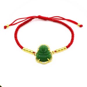 COLORFUL BLING Lucky Laughing Buddha Charm Pendant Charm Bracelet Jade Natural Stone Red Braid String Thread Rope Crystal CZ Zirconia for Women Men Gemstone Amulet Protection Jewelry-Green