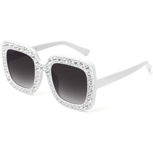 MEETSUN Elton Square Rhinestone Sunglasses Oversized Diamond Bling Bling Glasses(White)