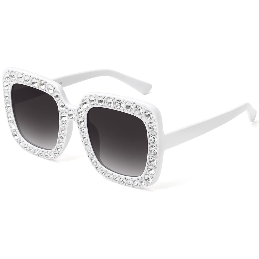 MEETSUN Elton Square Rhinestone Sunglasses Oversized Diamond Bling Bling Glasses(White)