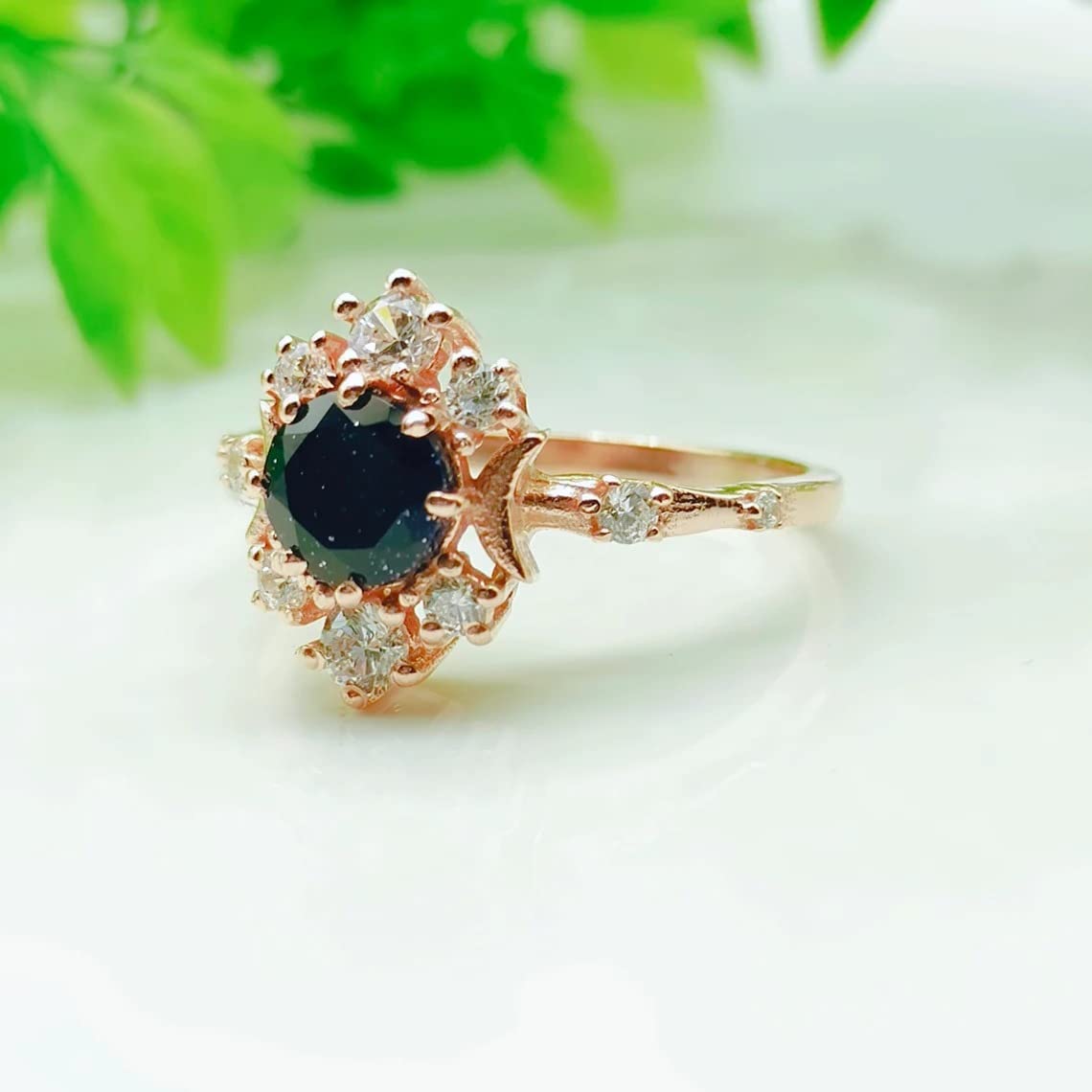 Blue Sandstone Vintage Ring Round Cut Ring Galaxy Ring Outer Space Ring Nebula Ring Bridal Wedding/Engagement Ring Rose Gold Plated Promise Ring Beautiful Handmade Gift Ring BY FOREVER GEMS & JEWELS