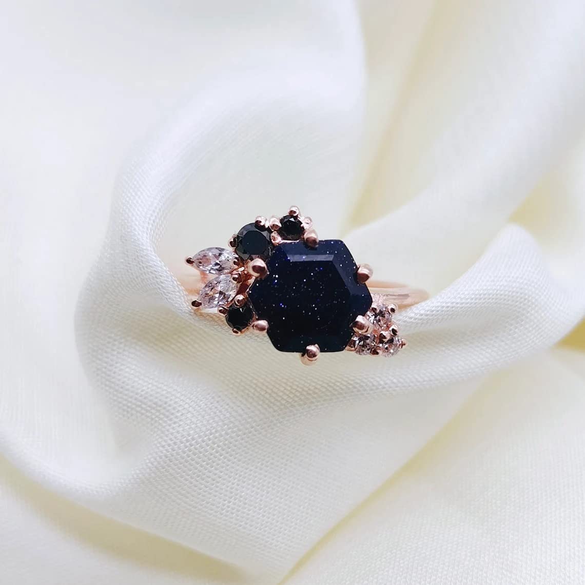 Rings For Women Hexagon Blue Sandstone Ring Unique Blue Sandstone 14K Rose Gold Cluster Marquise Moissanite Diamond Ring Beautiful Gift Wedding Ring BY FOREVER GEMS & JEWELS