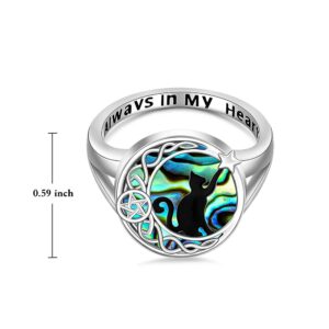 Cat Engagement Ring Sterling Silver Black Cat on Celtic Knot Moon Matching Thumb Couple Rings for Women Abalone Cute Animal Jewelry Halloween Christmas Gifts Size 9