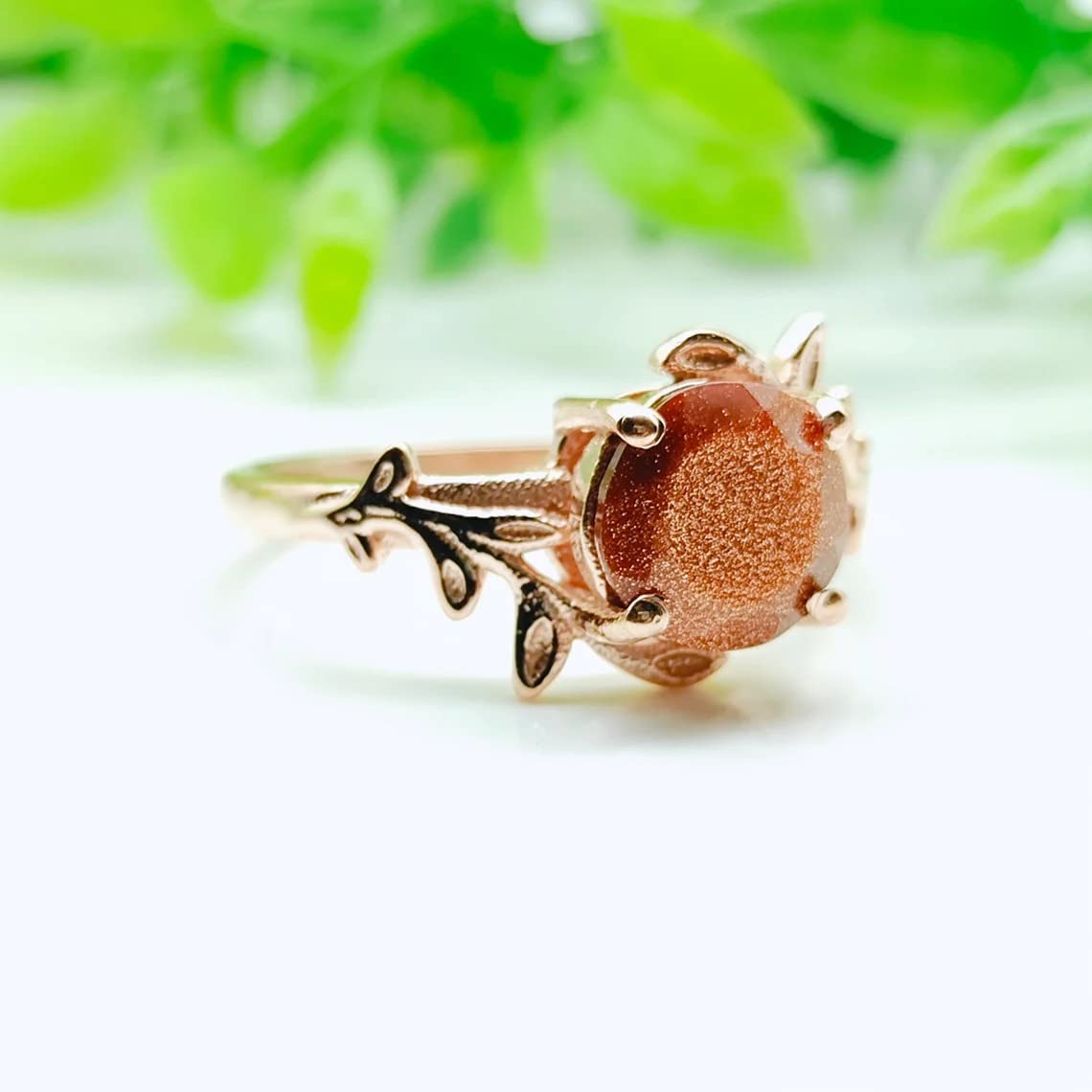 Rings For Women Round Cut Sandstone Ring Leaf Gemstone Ring Gold Sandstone Solitaire Promise Ring Designer Beautiful Handmade Gift Ring BY FOREVER GEMS & JEWELS