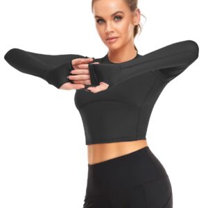 LURANEE Crop Tops for Women,Workout Training Top Raglan Long Sleeve Crew Neck Seamless Moisture Wicking Tight Fitting Yoga Shirts Summer Fitness Apparel Black XS