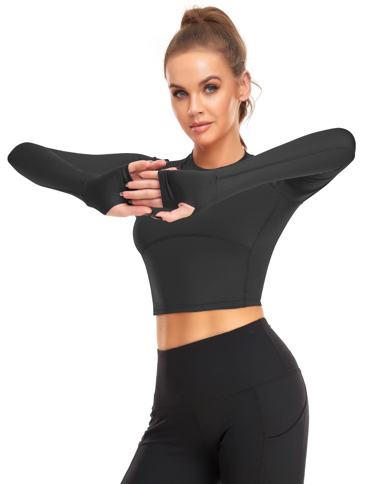 LURANEE Crop Tops for Women,Workout Training Top Raglan Long Sleeve Crew Neck Seamless Moisture Wicking Tight Fitting Yoga Shirts Summer Fitness Apparel Black XS