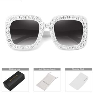 MEETSUN Elton Square Rhinestone Sunglasses Oversized Diamond Bling Bling Glasses(White)