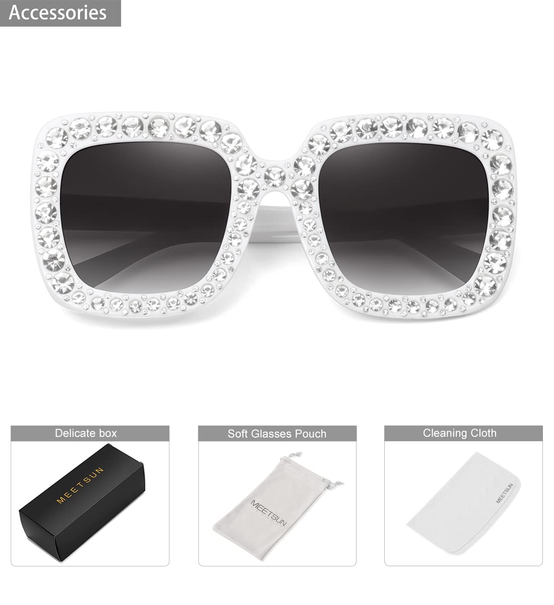 MEETSUN Elton Square Rhinestone Sunglasses Oversized Diamond Bling Bling Glasses(White)