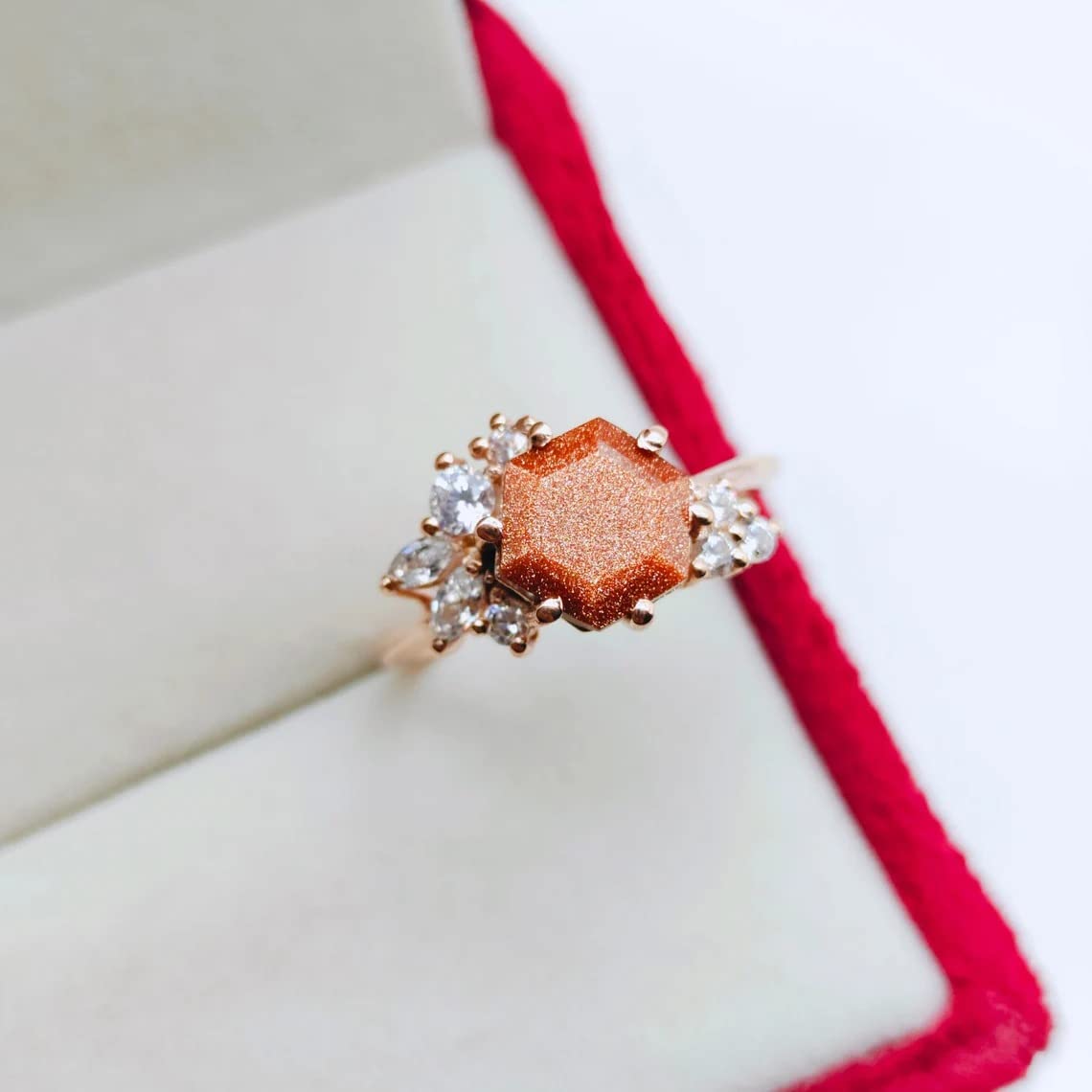 Hexagon Cut Unique Sandstone Ring Hexagon Cut Cluster Promise Ring Rose Gold Plated Ring Goldstone Ring Beautiful Wedding Gift Ring BY FOREVER GEMS & JEWELS