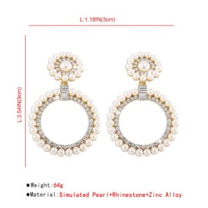 Jumwrit Pearl Hoop Earrings Big Circle Dangle Drop Earrings Rhinestone Round Stud Earrings Statement Pearl Earrings for Women Girls（Silver）