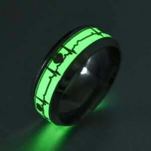 Glow in The Dark Heartbeat Stainless Steel Ring Couple Luminous Wedding Band Engagement Promise Ring for Men Women (as Show, 7)