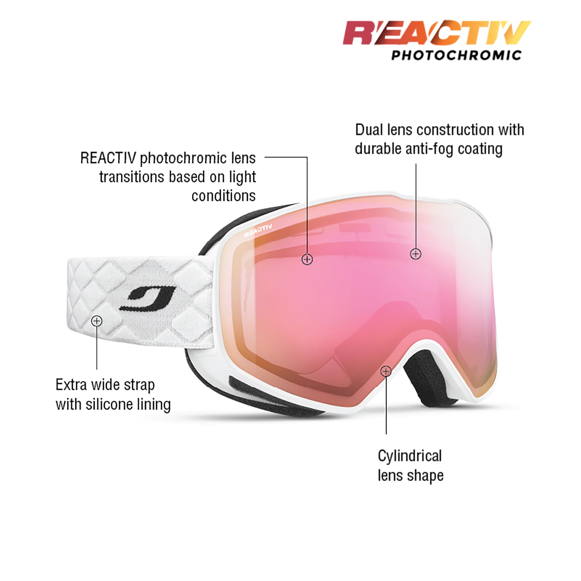 Julbo Cyclon Snow Goggles, White Frame - REACTIV 1-3 High Contrast Red Lens w/Rose Mirror