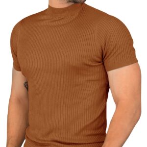 Mens Casual Slim Fit Basic Tops Short Sleeve Shirt Turtleneck T Shirts Rib Knitted Stretch Pullover Sweater