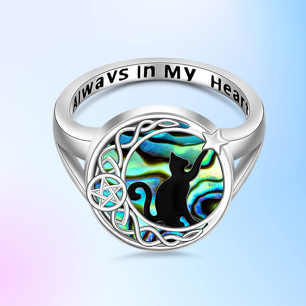 Cat Engagement Ring Sterling Silver Black Cat on Celtic Knot Moon Matching Thumb Couple Rings for Women Abalone Cute Animal Jewelry Halloween Christmas Gifts Size 9