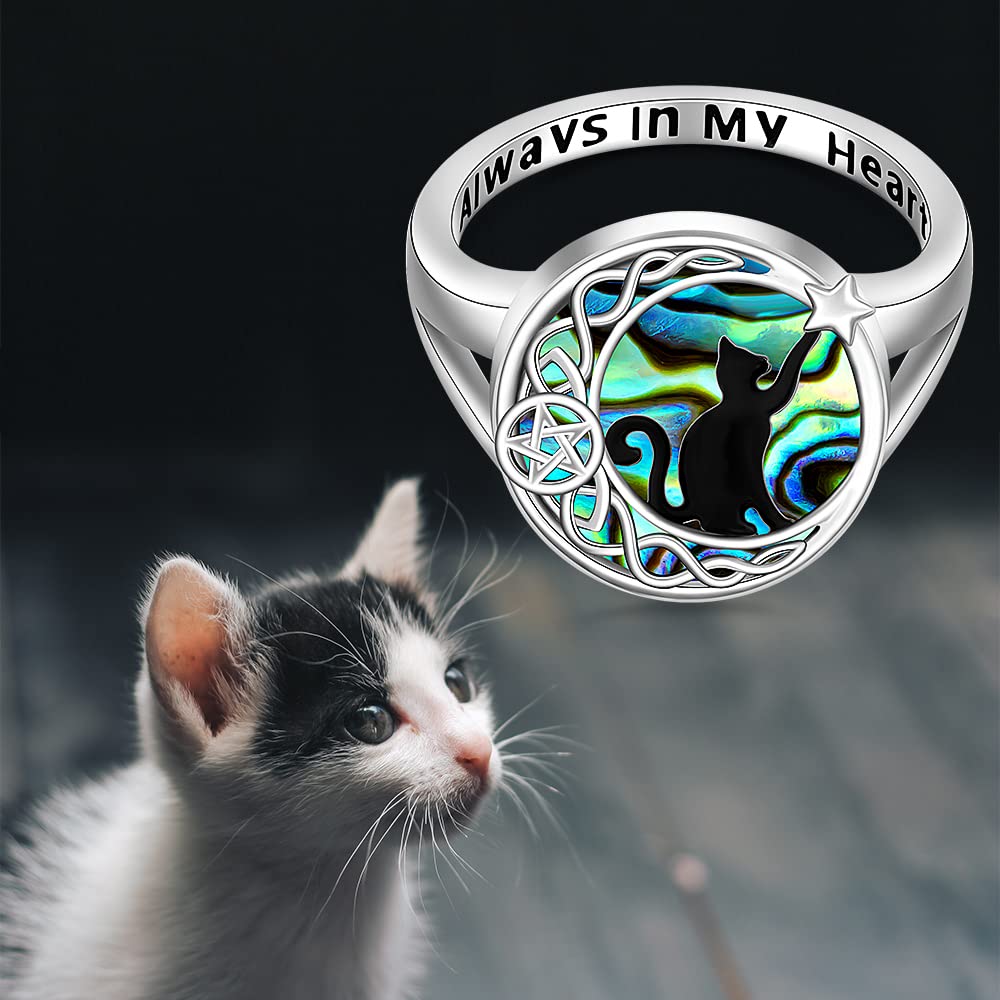 Cat Engagement Ring Sterling Silver Black Cat on Celtic Knot Moon Matching Thumb Couple Rings for Women Abalone Cute Animal Jewelry Halloween Christmas Gifts Size 9