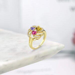 Gem Stone King 18K Yellow Gold Plated Silver 4MM Heart Shape Gemstone Birthstone 3-Stone Ring | Three Stone Wedding Engagement Anniversary Promise Ring For Women