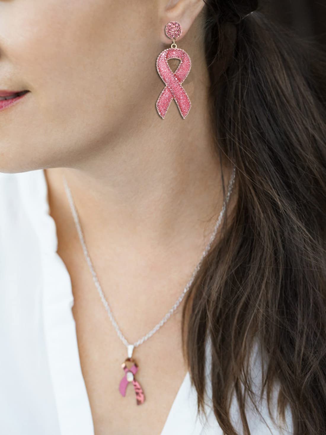 Glitter Rhinestone Pink Ribbon Drop Earrings Beaded Breast Cancer Awareness Earrings Jewelry for Women Breast Cancer Survivor Support Jewelry Gifts (Glitter rosy)