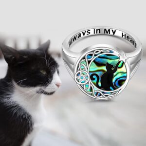 Cat Engagement Ring Sterling Silver Black Cat on Celtic Knot Moon Matching Thumb Couple Rings for Women Abalone Cute Animal Jewelry Halloween Christmas Gifts Size 9