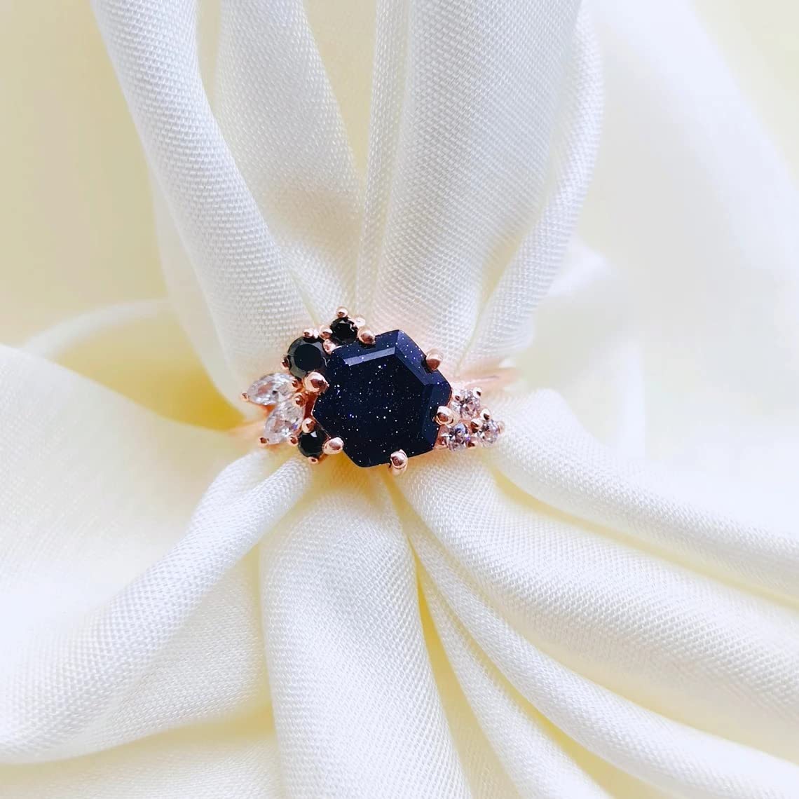 Rings For Women Hexagon Blue Sandstone Ring Unique Blue Sandstone 14K Rose Gold Cluster Marquise Moissanite Diamond Ring Beautiful Gift Wedding Ring BY FOREVER GEMS & JEWELS