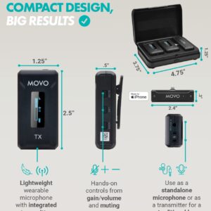 Movo WMX-2-L-DUO Wireless Microphone for iPhone with Charging Case, Lightning Connector, 328ft Range, 7hr Battery Life