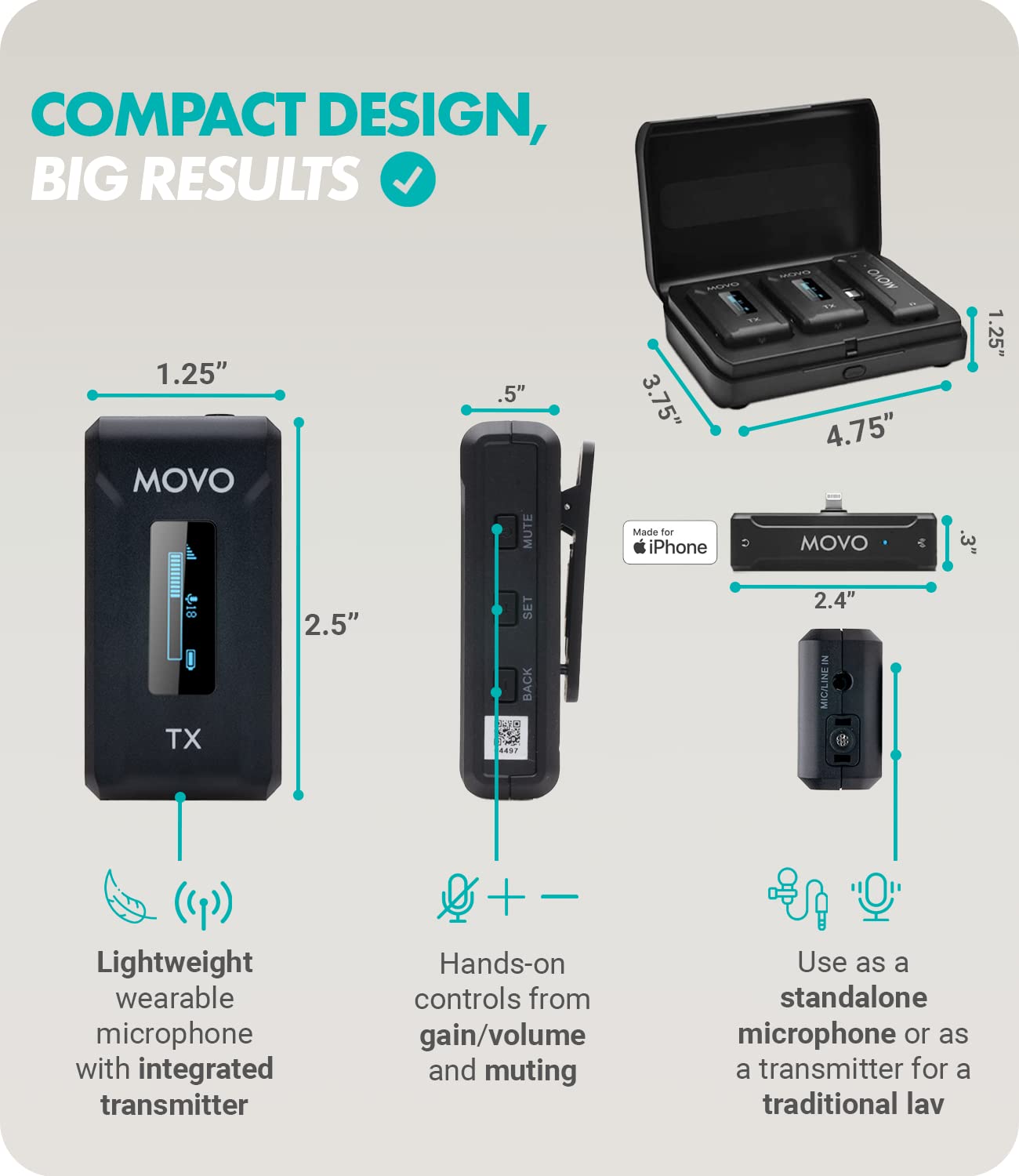 Movo WMX-2-L-DUO Wireless Microphone for iPhone with Charging Case, Lightning Connector, 328ft Range, 7hr Battery Life