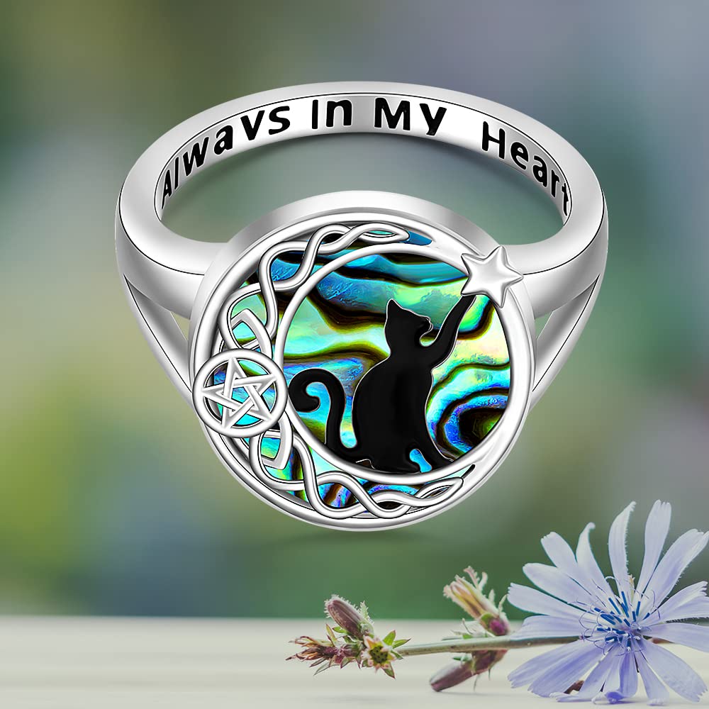 Cat Engagement Ring Sterling Silver Black Cat on Celtic Knot Moon Matching Thumb Couple Rings for Women Abalone Cute Animal Jewelry Halloween Christmas Gifts Size 9