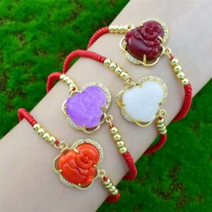 COLORFUL BLING Lucky Laughing Buddha Charm Pendant Charm Bracelet Jade Natural Stone Red Braid String Thread Rope Crystal CZ Zirconia for Women Men Gemstone Amulet Protection Jewelry-Green