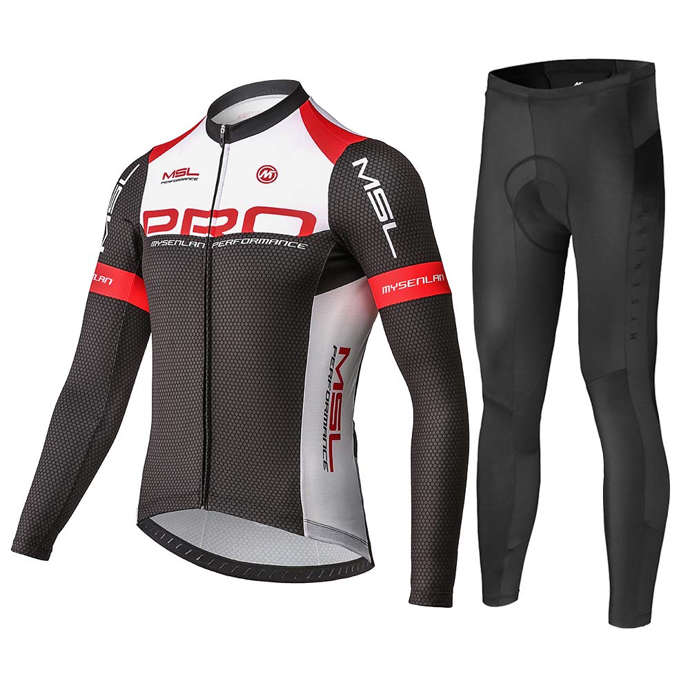 Mysenlan Men's Cycling Jersey Set Long Sleeve Bike Shirt 3D Padded Long Pants Bicycle Tights Clothing (Black, Small)