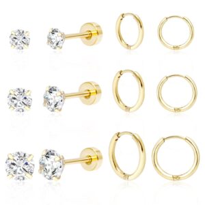 DAILI Women’s Earring Sets for Multiple Piercing: 14K Gold Plated Small Hoop Earrings Tiny Flat Back Stud Earrings for Cartilage Helix Hypoallergenic Set of 6 Pairs (Gold)